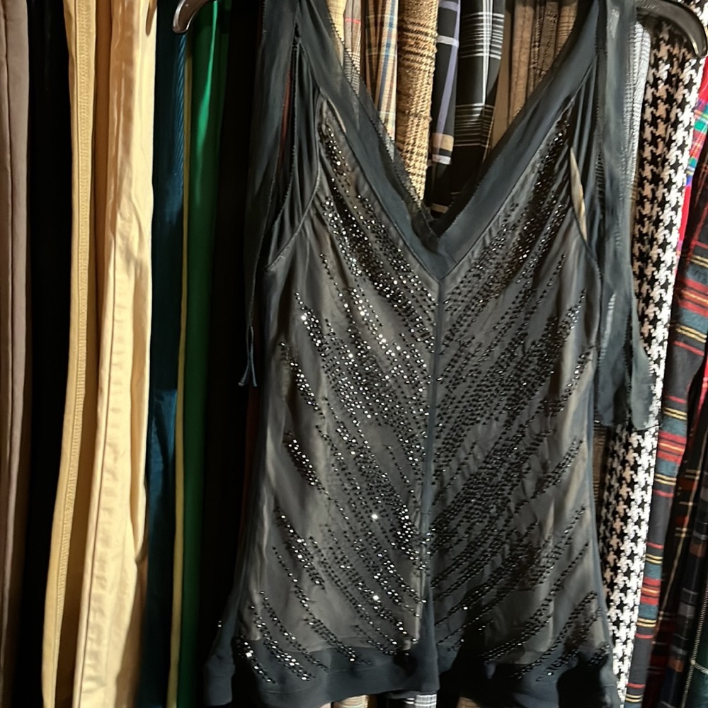 Express vintage Y2K double V black sheer lined & beaded cocktail tank top - Picture 5 of 6